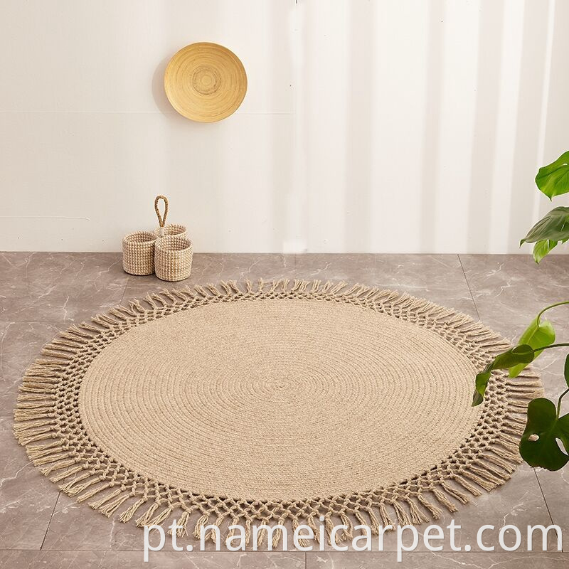 Round Wool Braided Living Room Rug With Tassels